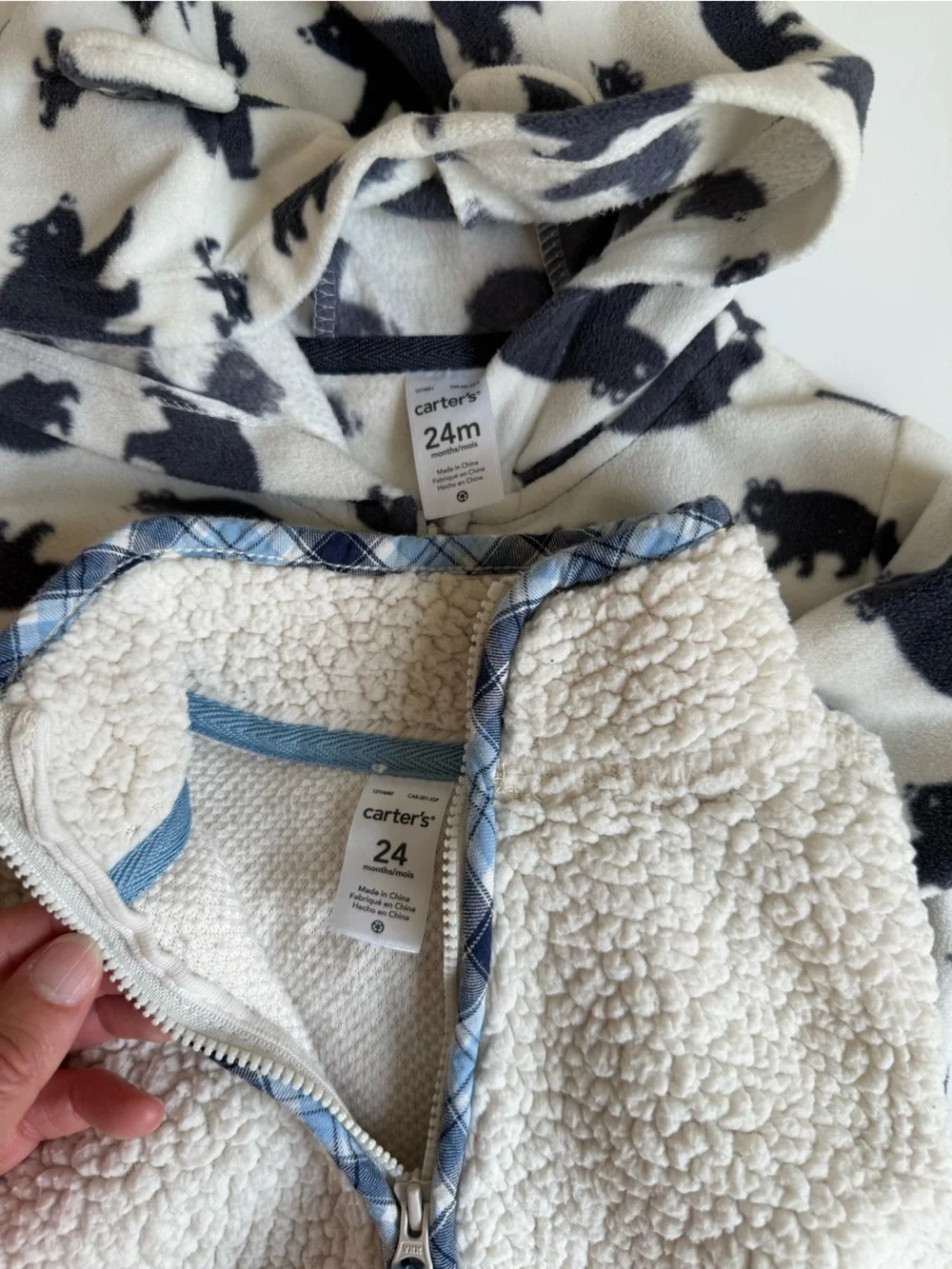 3/$21 | Carter's Navy Bear Print Hooded Fleece Jacket and Cream Sherpa Vest